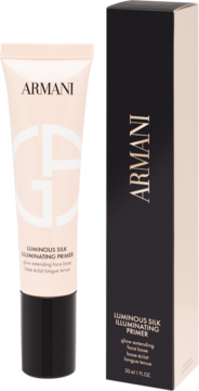 Armani Luminous Silk Illuminating Primer: beżowa tubka i czarne pudełko. Baza rozświetlająca, widok z przodu.
