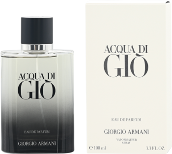 Woda perfumowana Giorgio Armani Acqua Di Giò. Butelka z ciemnym gradientem i białe pudełko z logo, widok z przodu.