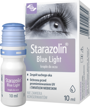 Starazolin Blue Light krople 10 ml w białej butelce i pudełku, na suche oko, ochrona UV i światło niebieskie.