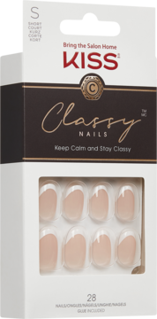 KISS Classy Nails French Tip, 28 krótkich owalnych paznokci żelowych w białym pudełku, z przodu.