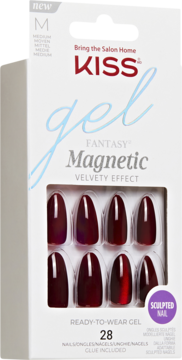 Pudełko KISS Gel Fantasy Magnetic z 28 ciemnoczerwonymi, migdałowymi paznokciami o aksamitnym efekcie.