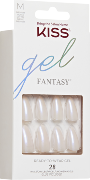 Opakowanie KISS Gel Fantasy z 28 perłowymi, owalnymi paznokciami press-on w jasnym różu, widok z przodu.