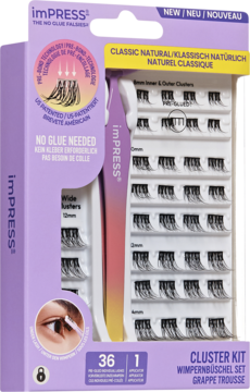 imPRESS Falsies Classic Natural Cluster Kit, no glue needed, purple box with 36 lash clusters & applicator.