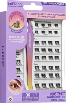 imPRESS Falsies Press On Classic Volume Cluster Kit, biało-fioletowe opakowanie, 36 rzęs bez kleju.