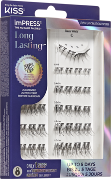 Opakowanie KISS imPRESS Long Lasting Demi Wispy klastry rzęs, 48 szt., 8-16mm, widok z przodu. Trzymają do 5 dni.