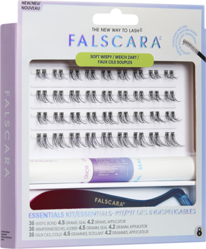 KISS FALSCARA Soft Wispy zestaw DIY z 36 klastrami rzęs, Bond&Seal i aplikatorem w otwartym pudełku.