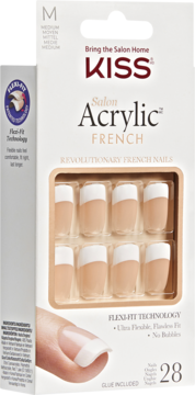 Widok na białe pudełko KISS Salon Acrylic French M, 28 beżowych paznokci z białymi końcówkami Flexi-Fit.