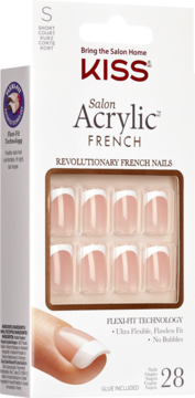 KISS Salon Acrylic French press-on nails in white box, short square with white tips, Flexi-Fit tech, 28 count.