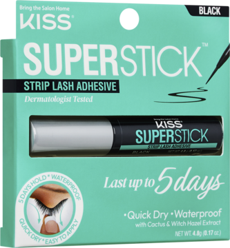 KISS SuperStick Strip Lash Adhesive, 5-dniowy, czarny klej w zielonym opakowaniu, widok z przodu.