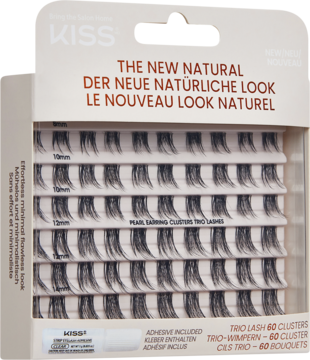 KISS The New Natural, 60 trio klastrów rzęs 10-14mm w białym pudełku z klejem, widok z przodu.