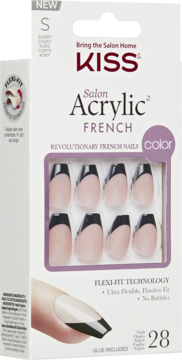 KISS Salon Acrylic French Color press-on nails, czarne tipsy na coffinie, w białym pudełku, widok z przodu.