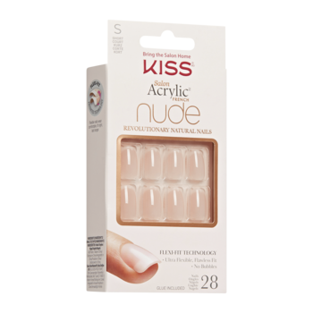 Opakowanie KISS Salon Acrylic Nude French Chic Beats, z 10 beżowymi paznokciami press-on, widok z przodu.