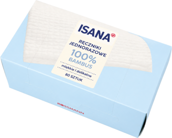Jasnoniebieskie opakowanie ręczników jednorazowych Isana 100% bambus, widok z góry pod kątem, z czerwonym logo.