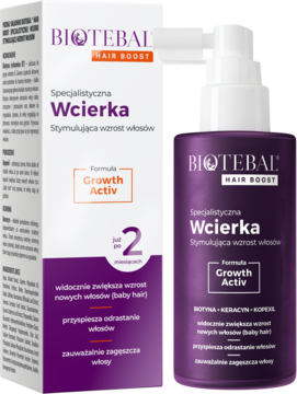 Biotebal HAIR BOOST, specjalistyczna wcierka w fioletowej butelce z pompką, stymulująca wzrost włosów.