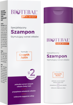Biotebal Hair Boost Szampon w białym pudełku i butelce, widok z przodu, z formułą Growth Activ na wzrost włosów.