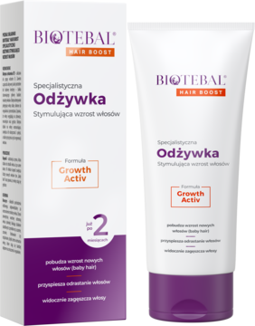 Biotebal Hair Boost odżywka stymulująca wzrost włosów w białej tubce i pudełku z fioletowymi akcentami, widok z przodu.