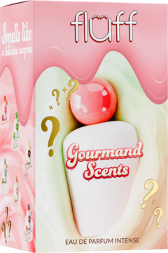 Widok z przodu pudełka perfum Fluff Gourmand Scents EDP Intense, różowo-białe, z kroplami, kulką i pytajnikami.