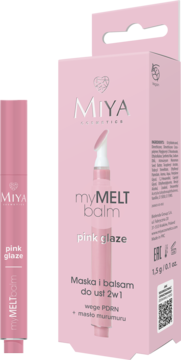 Różowy balsam Miya myMELTbalm 'pink glaze', 2w1 maska do ust, w sztyfcie obok kartonika, z przodu.