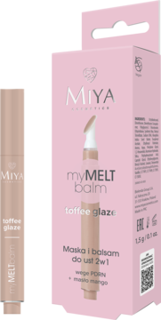 Miya myMELTbalm, balsam i maska do ust 2w1 toffee glaze w różowym pudełku, obok pisak z gąbeczką.