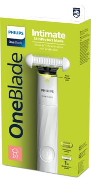 Zielone pudełko Philips OneBlade Intimate, widoczna biała maszynka z ostrzem SkinProtect do golenia intymnego.