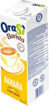 Biały karton OraSi Barista Banana napoju roślinnego 1L, z filiżanką latte art i żółtym napisem BANANA.