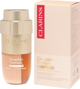 Fluid do twarzy Clarins Double Serum Foundation w dwufazowej butelce z pompką oraz beżowe pudełko.