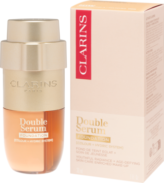 Clarins Double Serum Foundation, złota butelka z pompką i beżowe pudełko. Fluid do twarzy, serum-podkład.
