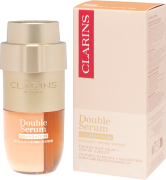 Clarins Double Serum Foundation podkład w złotym flakonie i beżowym pudełku, widok z przodu, młodzieńczy blask.