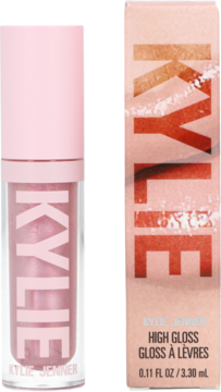 Błyszczyk Kylie Jenner High Gloss Daddy's Girl w różowej tubce obok różowego, teksturowanego opakowania, widok z przodu.