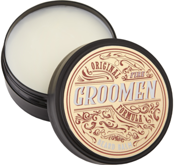 GROOMEN Original Beard Balm, otwarta ciemna puszka z jasnym balsamem do brody. Widoczne wieczko z ozdobnym logo.
