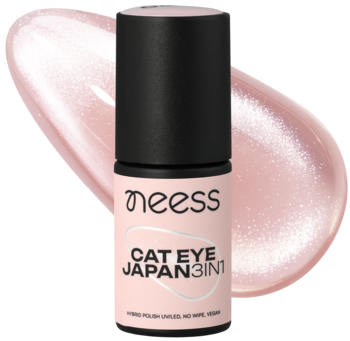 Lakier hybrydowy Neess Japan Cat Eye 3w1 Kyoto, jasnoróżowy, z czarną nakrętką i błyszczącym swatche, widok z przodu.