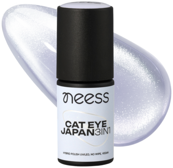 Lakier hybrydowy Neess Japan Cat Eye 3in1 Okinawa, chłodny fiolet, z białym logo i czarną nakrętką na tle smugi koloru.