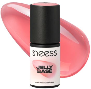 Baza hybrydowa Neess Jelly Base, truskawkowy odcień, błyszcząca butelka z różową smugą, dla efektu jelly nails.