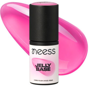Neess Jelly Base, hybrydowa baza do paznokci w butelce, z soczystym różowym swatch’em. Efekt jelly nails.