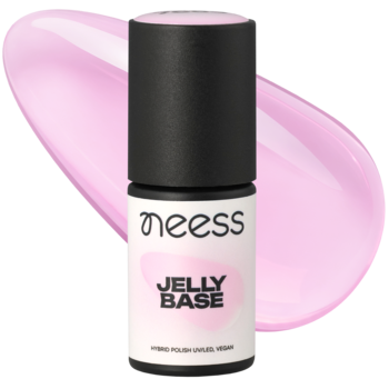 neess JELLY BASE półtransparentna baza hybrydowa, różowa butelka z czarną nakrętką, widok z przodu.
