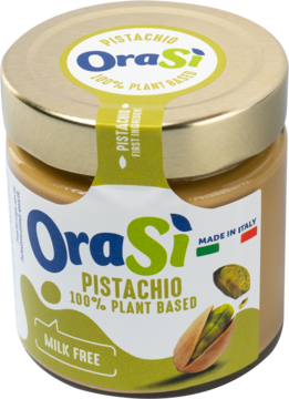 Złoty słoik OraSi PISTACHIO 100% PLANT BASED kremu, zielono-biała etykieta z orzechem pistacjowym, widok z przodu.