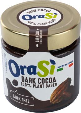 OraSi Dark Cocoa 100% roślinny krem, słoik 180g, złota zakrętka, widok z przodu.