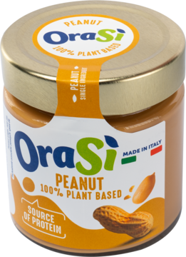 Słoik OraSi PEANUT 100% PLANT BASED, gładki krem z orzeszków ziemnych, widok z przodu.
