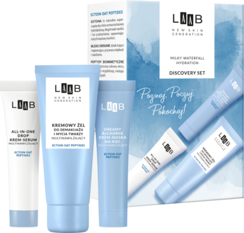 AA LAAB Milky Waterfall Hydration zestaw mini: żel, serum, krem-maska w niebieskich opakowaniach obok fioletowego pudełka.