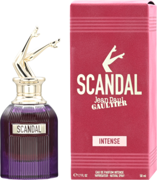 Scandal Jean Paul Gaultier Intense woda perfumowana. Purpurowa butelka ze złotymi nogami i magenta pudełko.