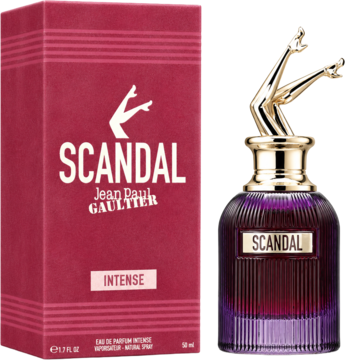 Jean Paul Gaultier Scandal Intense EDP w czerwonym pudełku i purpurowej butelce z nogami, widok z boku.