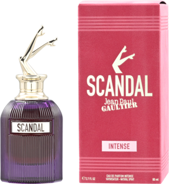 Jean Paul Gaultier Scandal Intense woda perfumowana, fioletowa butelka z korkiem w kształcie nóg, różowe pudełko.