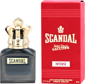 Woda perfumowana męska Jean Paul Gaultier Scandal Intense, flakon z koroną i czerwone pudełko obok.