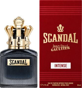 Jean Paul Gaultier Scandal Pour Homme Intense EDP, ciemny, żłobiony flakon ze złotą koroną i czerwone pudełko.