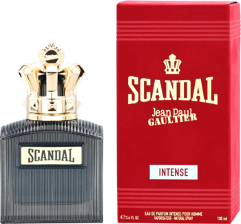 Jean Paul Gaultier Scandal Intense woda perfumowana męska. Ciemna butelka z koroną, karbowana, obok czerwone pudełko.