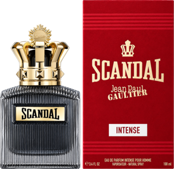 Jean Paul Gaultier Scandal Intense, skórzano-drzewny. Czarna butelka z koroną i czerwone pudełko, widok z przodu.
