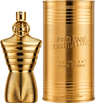 Złote perfumy Le Male Elixir Absolu w butelce tors i żebrowanym opakowaniu cylindrycznym obok.