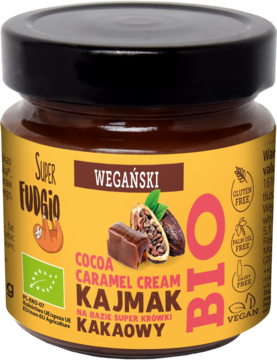 Słoik wegańskiego kajmaku kakaowego Super Fudgio, BIO Cocoa Caramel Cream, żółta etykieta, widok z przodu.