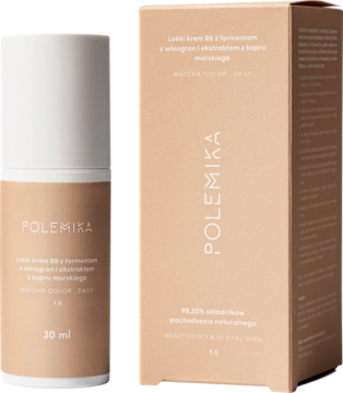 Lekki krem BB Polemika Matcha Color 1.5 w beżowej butelce 30ml i pudełku, widok z przodu.