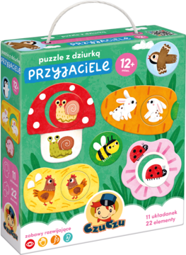 Pudełko puzzli GZUTZU 'Przyjaciele' z dziurką, dla 12+ miesięcy, zielone z ilustracjami zwierząt.